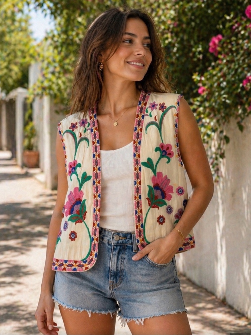 Zara Cream Embroidered Floral Vest with Pink & Green Accents